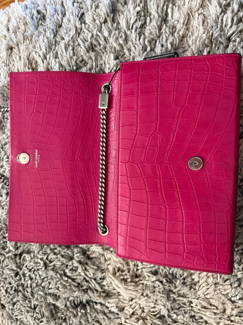 Saint Laurent Fuchsia Croc-Embossed Monogram Chain Crossbody - Picture 5 of 8